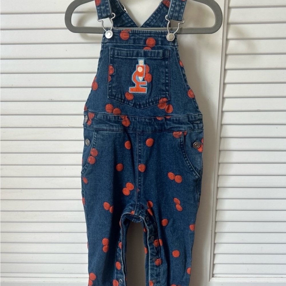 Christian Robinson Microscope Kids Denim Overalls with Reddish Orange Polka Dots